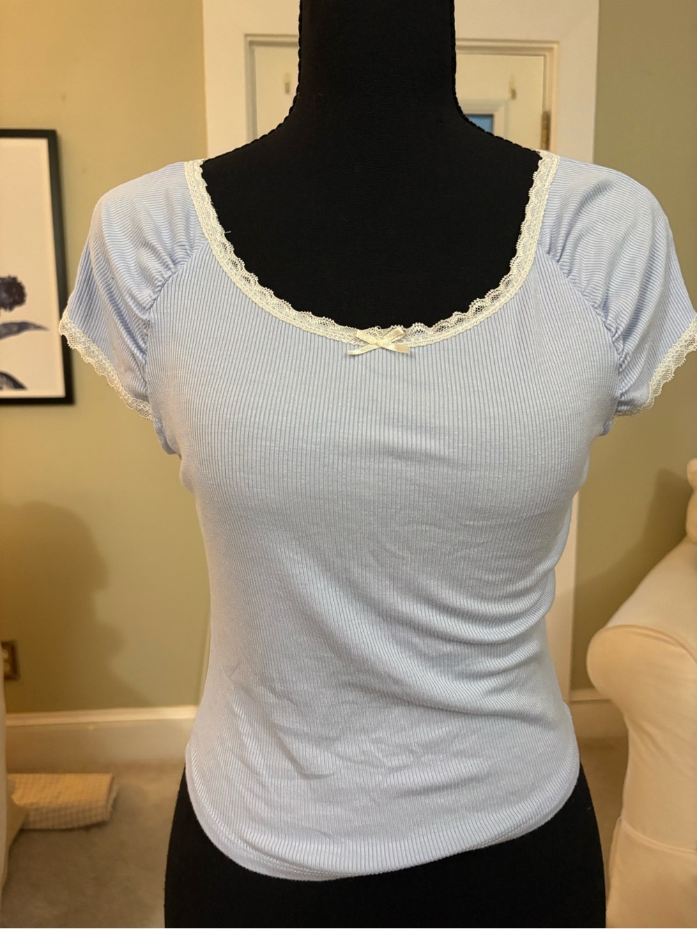 Bozzolo Light Blue Ribbed Lace-Trim Crop Top